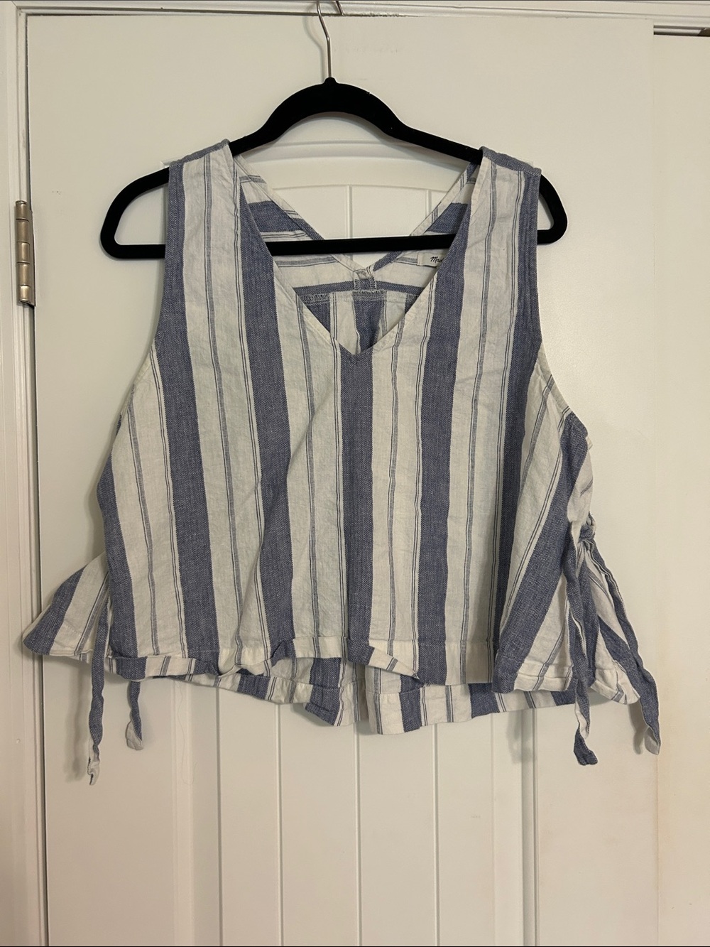 Madewell White and Blue Vertical Stripe Tie-Side V-Neck Tank